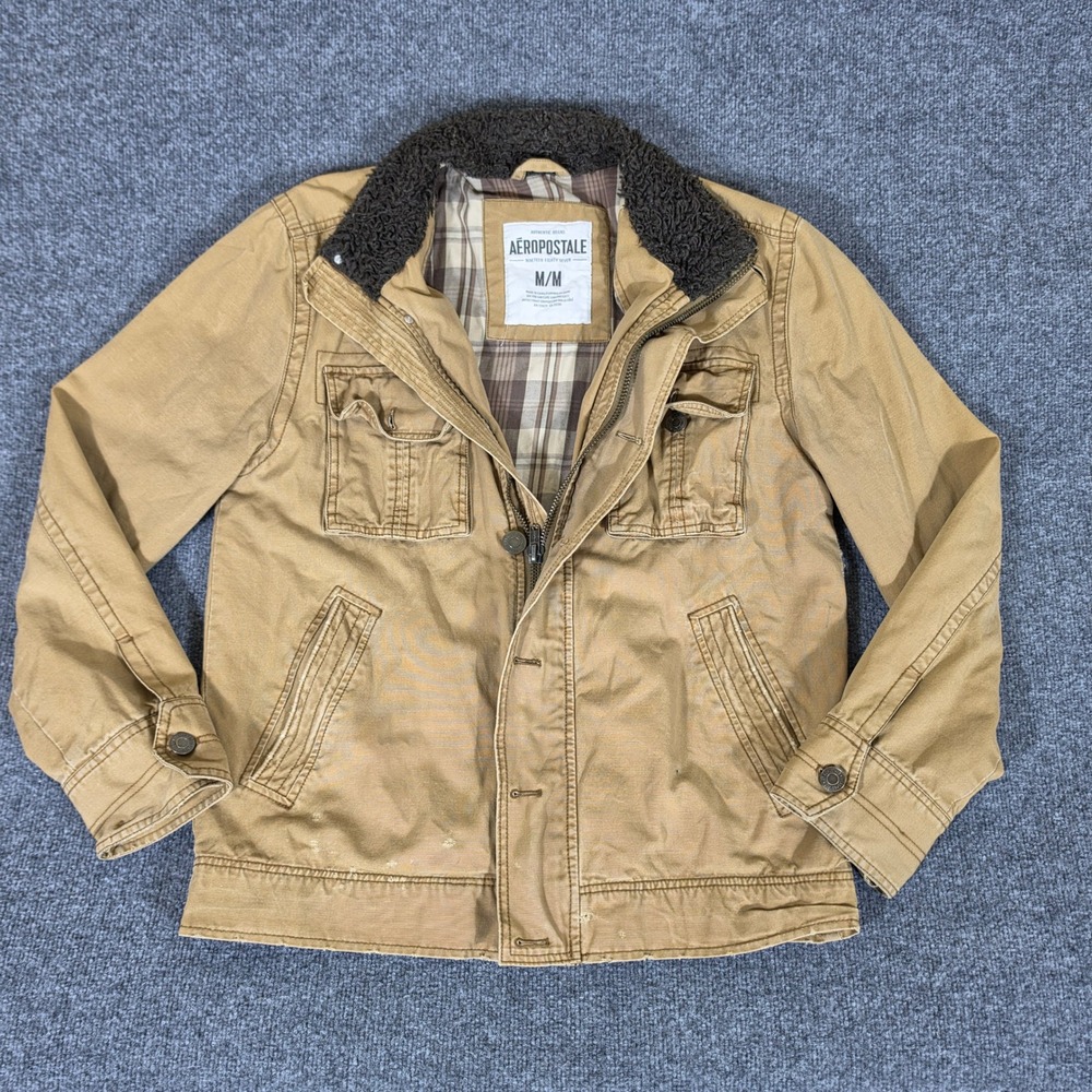 Y2K 2000s Aeropostale Mens M Canvas Field Jacket Tan Plaid Lined Sherpa Collar